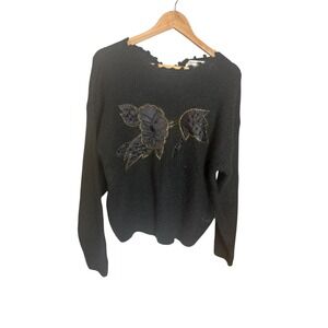 Extra Shenanigans Black Floral Embellished Knit Sweater Size 18 80's Vintage